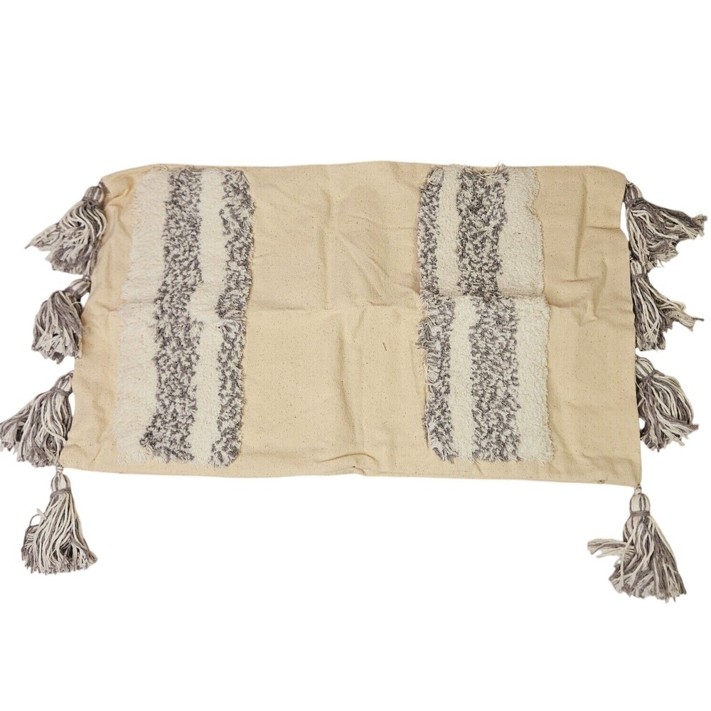 Hmartour Cream Grey Tufted Tassel Throw Pillow Cover Rectangular Boho Farm Beach